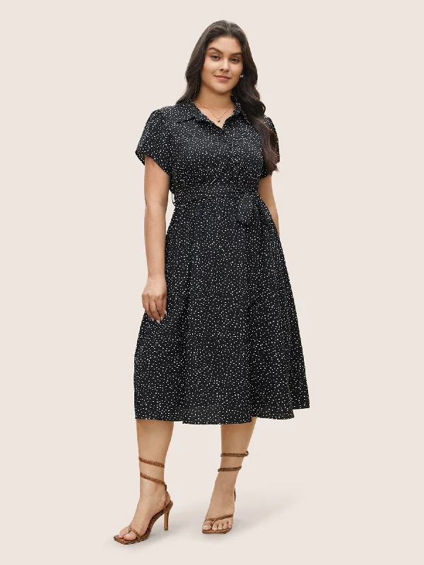 Polka Dot Shirt Collar Pocket Button Up Dress Formal Clothing For Women