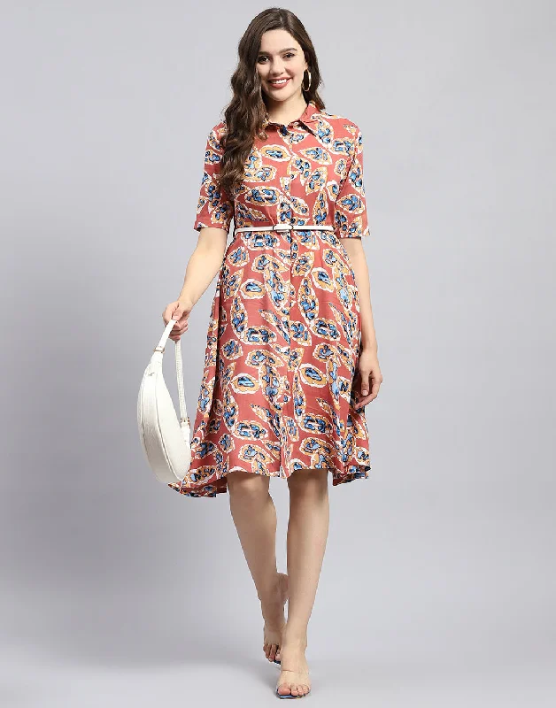 Women Peach Printed Collar Half Sleeve Dress Women's Clothing For Holiday Travel