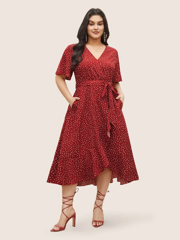 Polka Dot Surplice Neck Belted Arc Hem Dress Holiday Special Offers