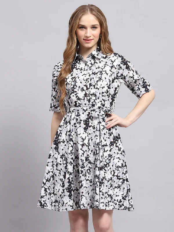 Women White Printed Collar Half Sleeve Dress Comfortable Lounge Clothing