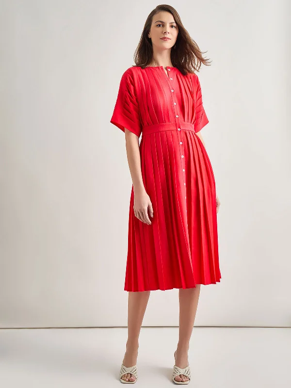 Midi Fit & Flare Dress - Hand Pleated Woven Trendy Women's Apparel for All Seasons