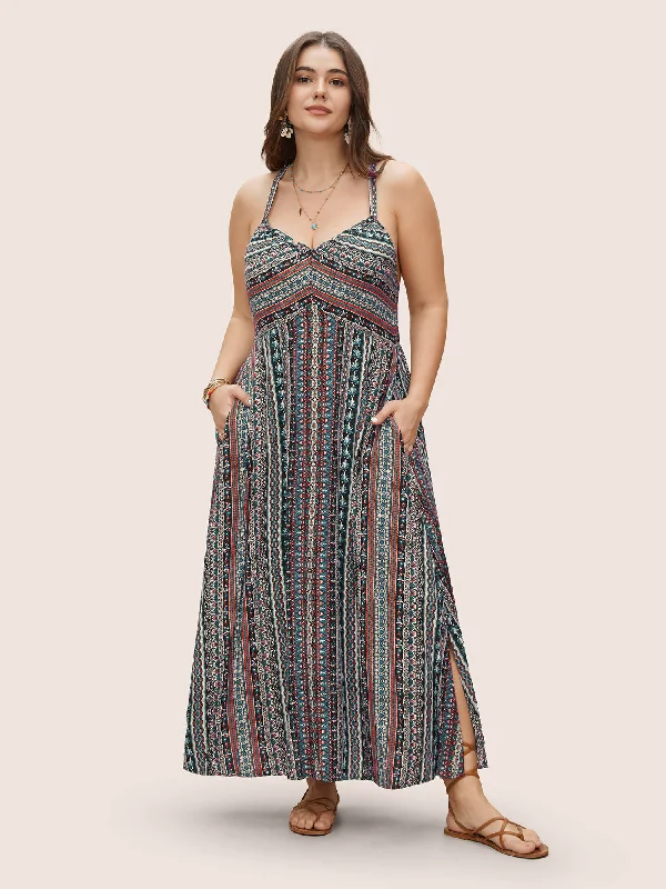 Boho Print Elastic Waist Split Hem Cami Dress Early Bird Offer