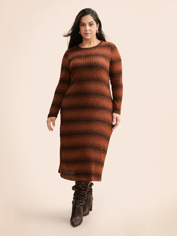 Ombre Striped Rib Knit Slim Fit Dress Casual Wear