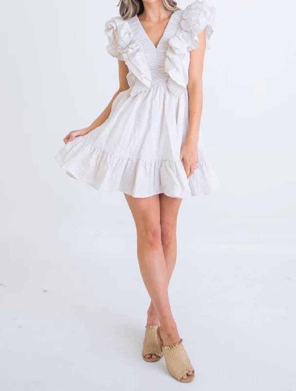 Seersucker Ruffle Dress In Off White Trendy Women's Dresses Online