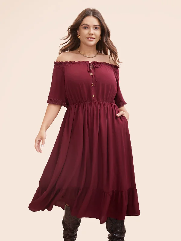 Plain Off Shoulder Lace Trim Ruffle Hem Dress Women's Clothing For Travel