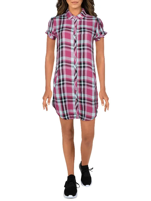 Womens Linen Blend Plaid Shirtdress Women's High Street Fashion