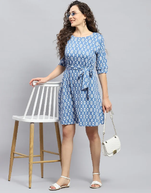 Women Blue Printed Round Neck Short Sleeve Dress Women's Urban Clothing