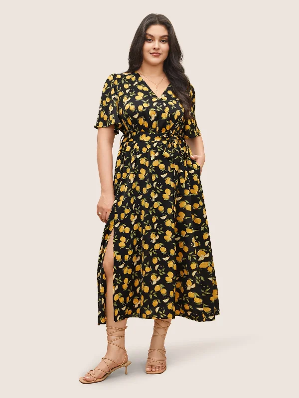 Citrus Lemons Print Belted Surplice Neck Split Side Dress VIP Member Discount