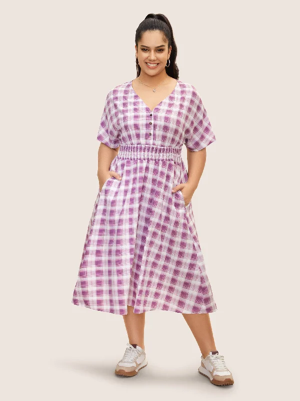 Gingham Shirred Button Up Dolman Sleeve Dress Effortless Chic for Women