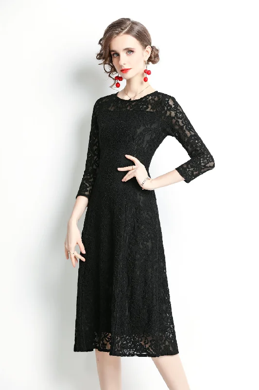 Black Evening Classic A-line Crewneck Bracelet Below Knee Lace Dress Trendy Boutique Online