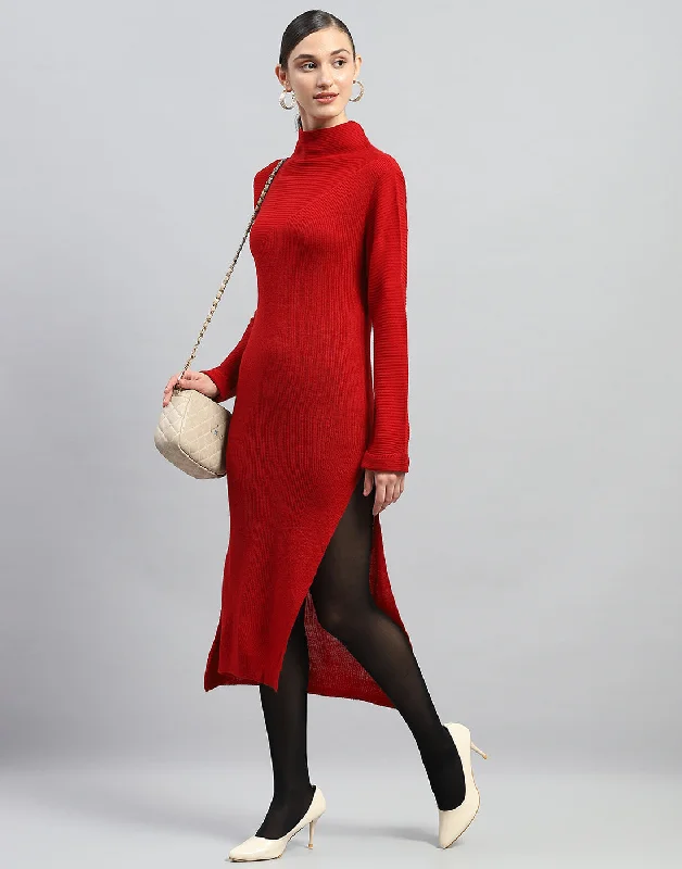 Women Red Self Design Turtle Neck Full Sleeve Dress Women's Clothing For Casual Outings