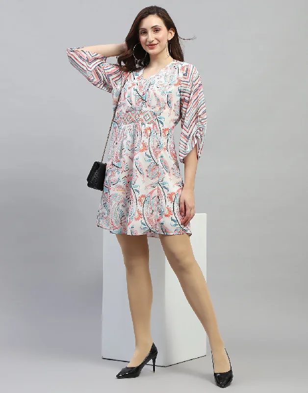 Women Off White Printed V Neck 3/4 Sleeve Dress Women's Casual Clothing For Lounging