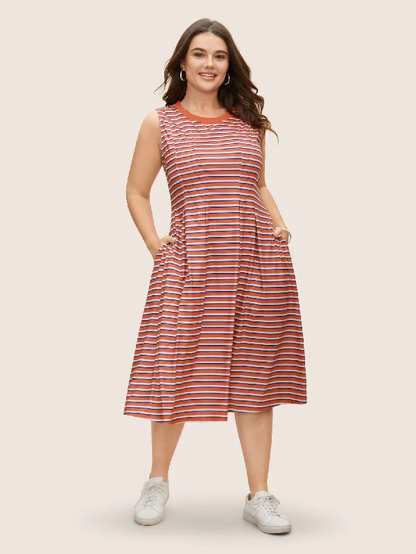 Contrast Striped Pleated Pocket Tank Dress High-End Women's Apparel