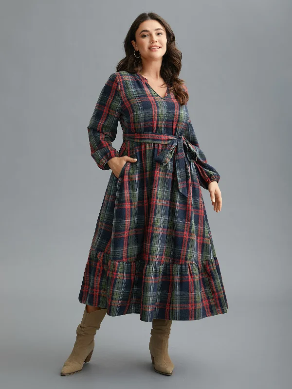 Festive Notched Collar Plaid Dress Women's Clothing