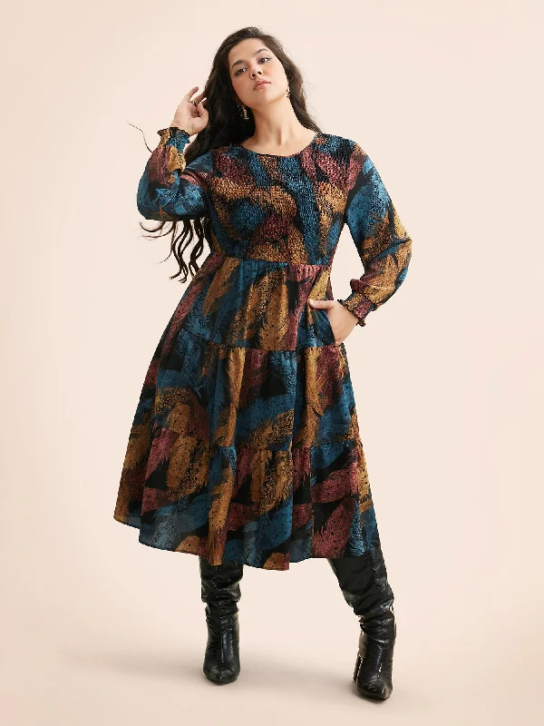 Feather Print Shirred Lantern Sleeve Dress Online Clothing Stores