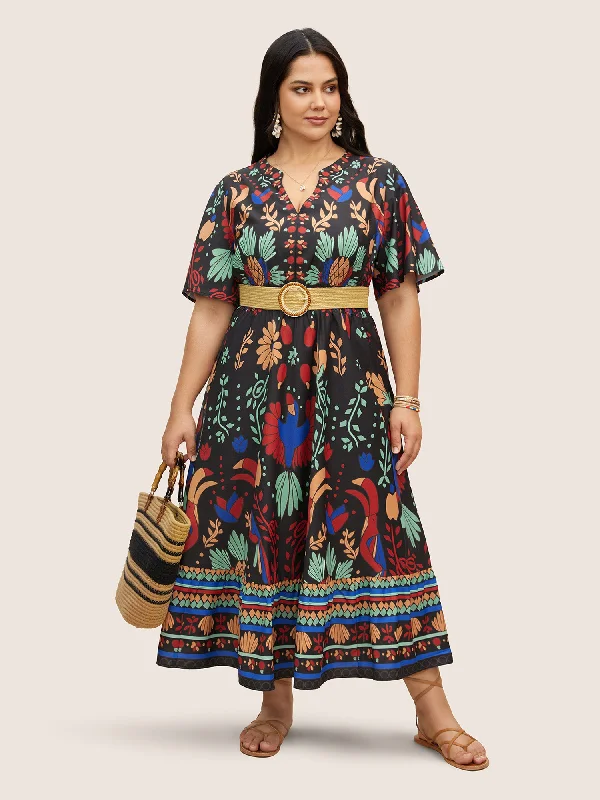 Bandana Print Shirred Elastic Waist Flutter Sleeve Dress High-Quality Women's Fashion Dresses