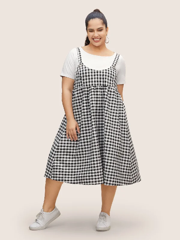 Round Neck Gingham Adjustable Straps Dress Affordable Women's Clothing Sale Online