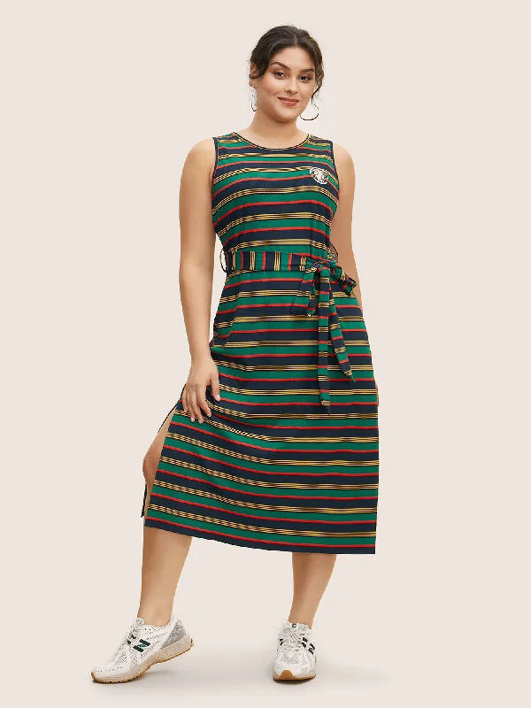 Contrast Striped Embroidered Patch Split Side Dress Clearance Sale Online