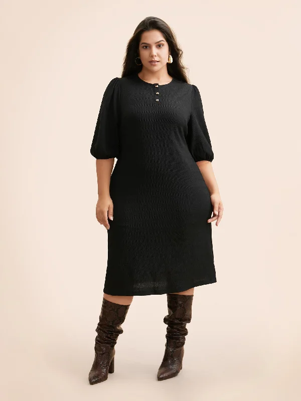 Texture Button Up Puff Sleeve Dress Holiday Special Offers