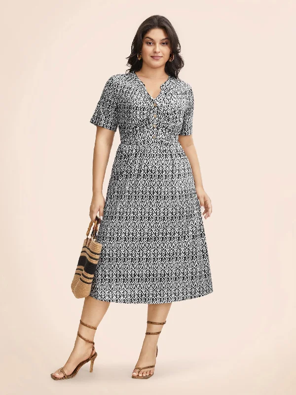 Boho Print Notched Collar Ruched Dress Timeless Women's Apparel