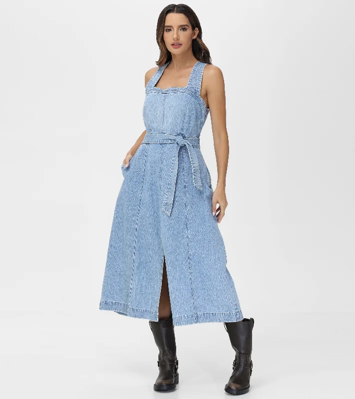 Criss-cross Maxi Denim Dress Women's Elegant Apparel