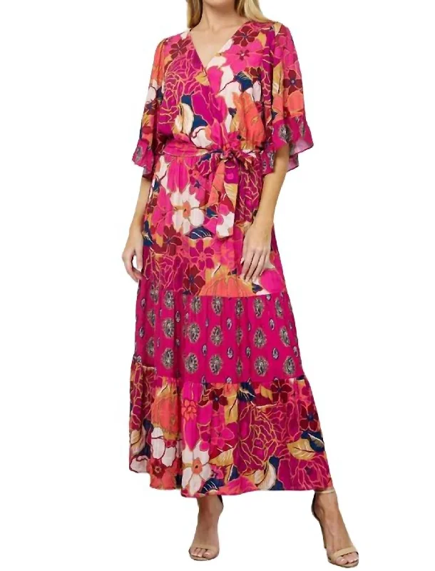 Mix Pattern Ruffle Dress In Magenta Sale Clearance