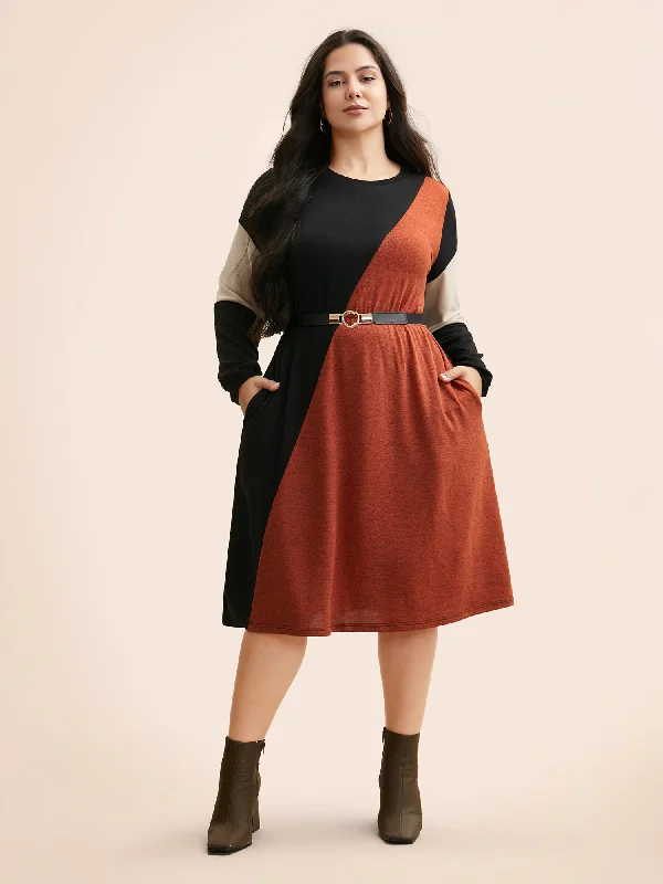 Contrast Patchwork Lantern Sleeve Dress Luxury Women's Fashion