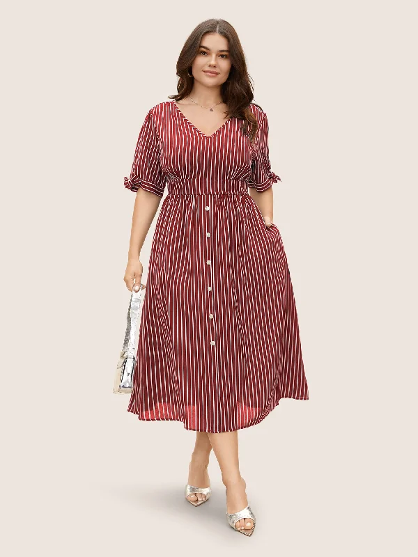 Striped Knot Sleeve Button Detail Dress High-Quality Women's Fashion Dresses