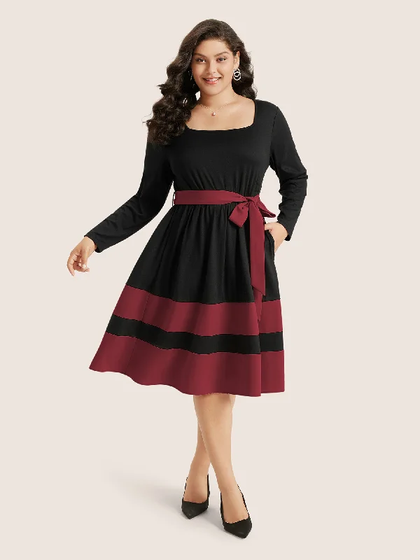 Two Tone Belted Bowknot Square Neck Dress Comfortable Women's Clothing