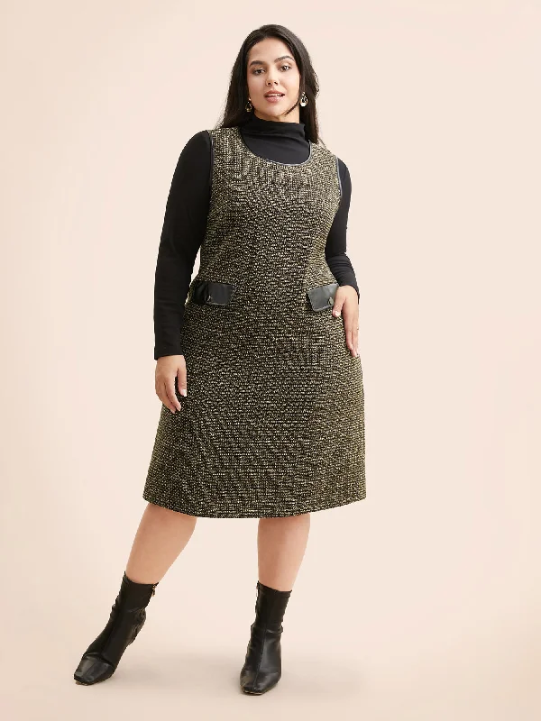 Tweed Patchwork Flap Pocket Dress Winter Wardrobe Clearance