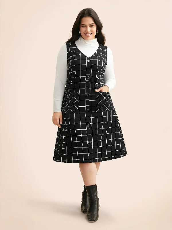 Plaid V Neck Button Detail Dress Women's Clothing For Work