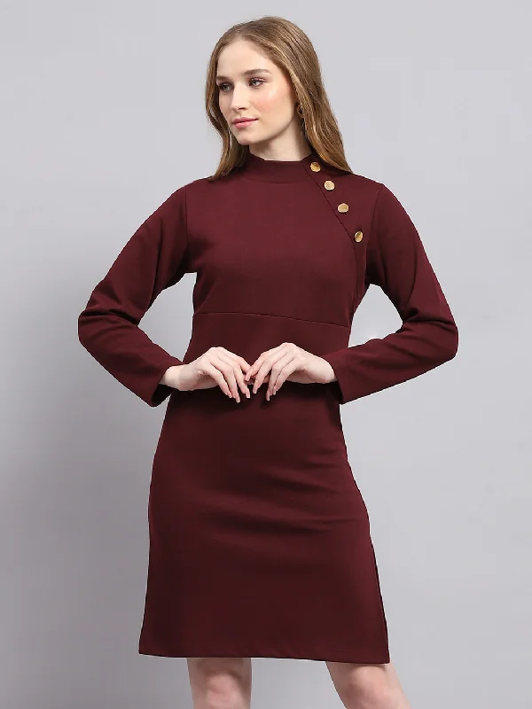 Women Maroon Solid Mock Neck Full Sleeve Dress Women's Clothing For Work