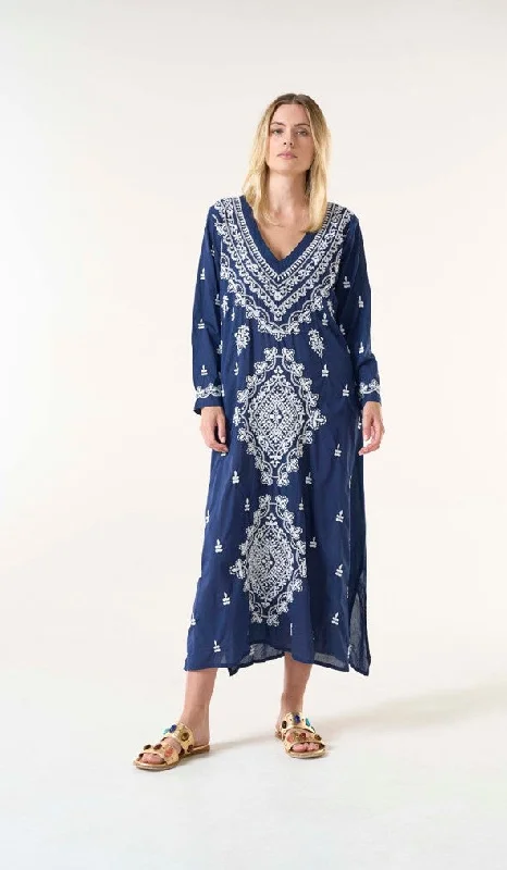 Embroidery long goa navy/white High-Quality Women's Fashion Dresses