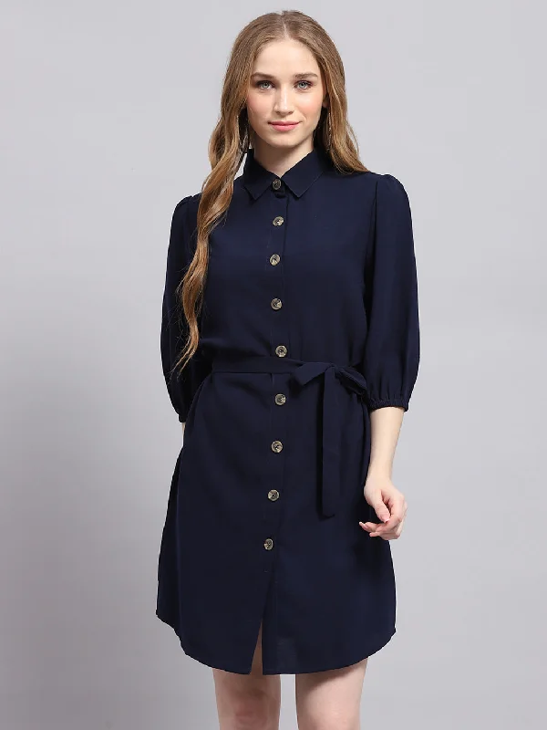 Women Navy Blue Solid Collar 3/4th Sleeve Dress Women's Active Clothing