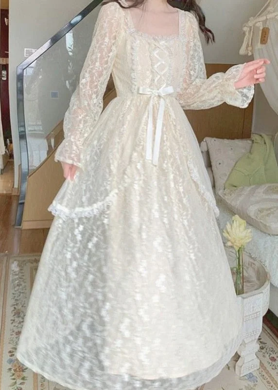 Flash Sale – Stunning Outfits At Exclusive Prices French Apricot Square Collar Ruffled Lace Dresses Fall