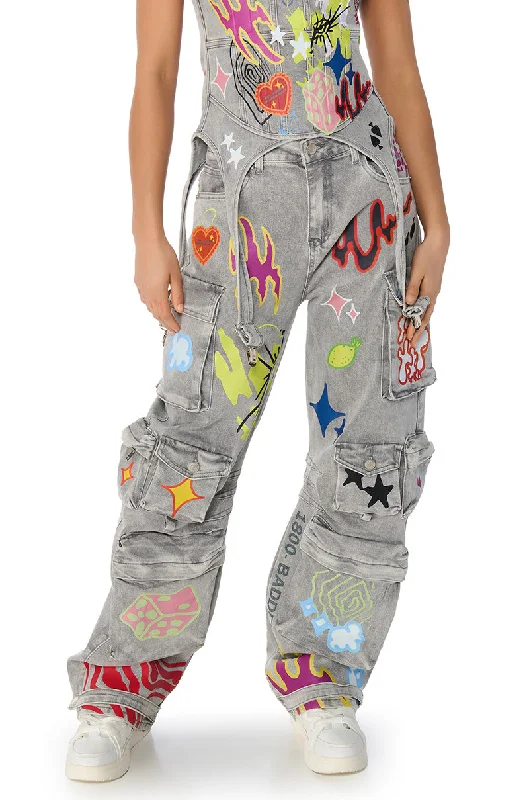 GRAFFITI DETAIL RELAXED LEG CARGO JEANS Affordable Online Boutiques