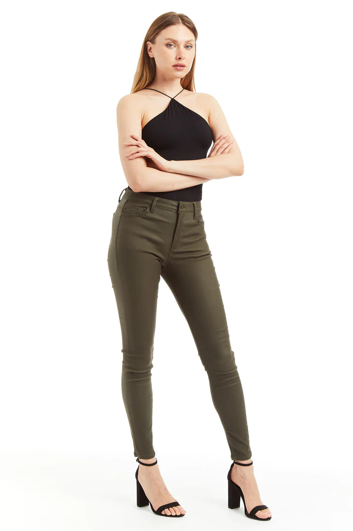 Nina High Rise Coated Skinny - Olive Formal Garments For Women