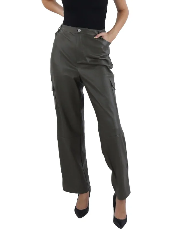 Womens Faux Leather High Rise Cargo Pants Women's Chic Outerwear Attire