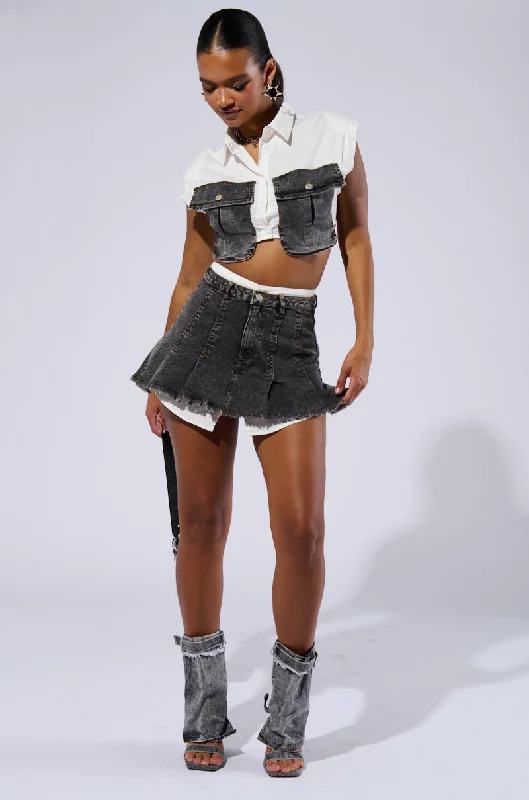 GET IT RIGHT DISTRESSED DENIM PLEATED MINI SKIRT Online Boutique Clothing