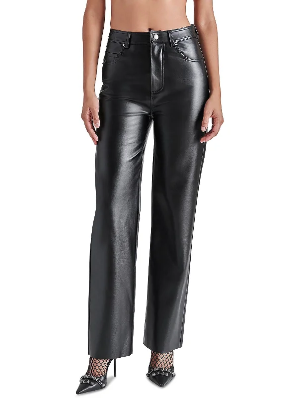 Loren Womens Faux Leather Mid-Rise Straight Leg Pants Women's Clothes For The Office