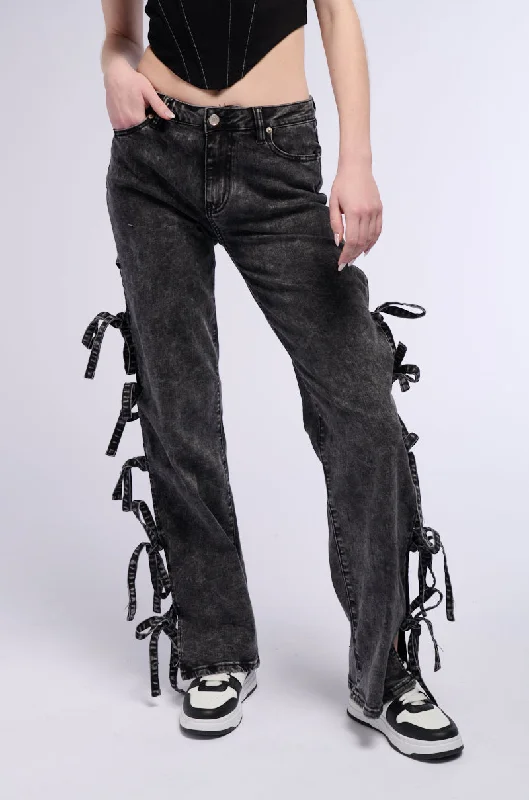 ACID WASH TIE UP SIDES STRAIGHT LEG JEAN Women's Fashion Clothing