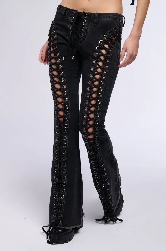 KAT LACE UP LOW RISE FLARE JEANS Flash Sale Clothing