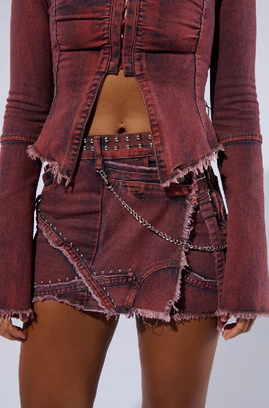 PULL A LOOK DISTRESSED MINI SKIRT IN RED Sustainable Women's Apparel