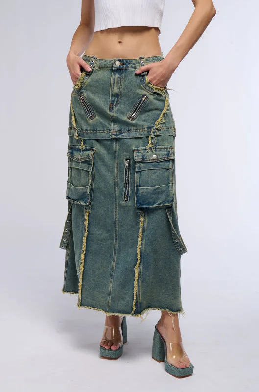 SAY IT AGAIN DISTRESSED MAXI DENIM SKIRT Women's Athletic Apparel