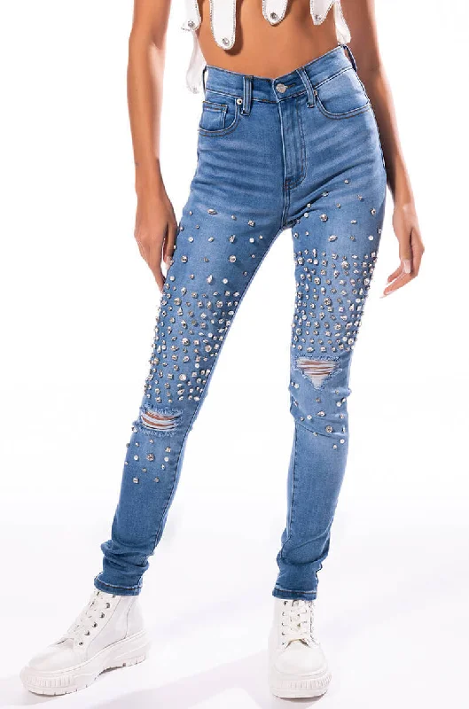 OUTTA THIS WORLD DISTRESSED RHINESTONE HIGH RISE SKINNY JEANS VIP Member Discount