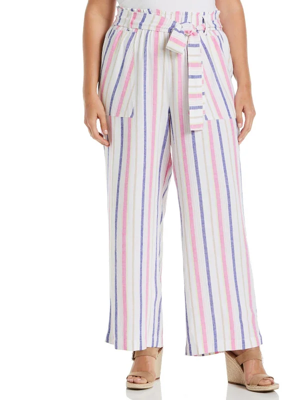 Plus Womens Striped Belted Wide Leg Pants Women's Travel Garments