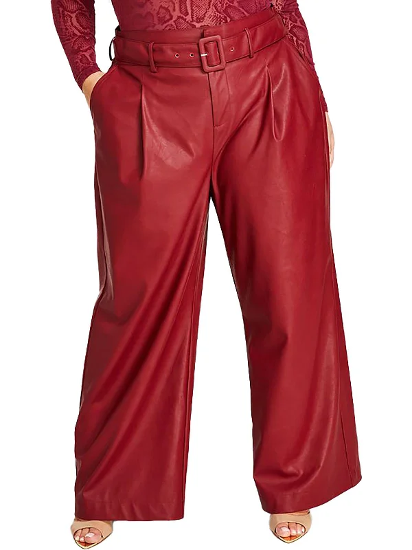 Plus Womens Faux Leather Belted Wide Leg Pants Comfortable Women's Clothes