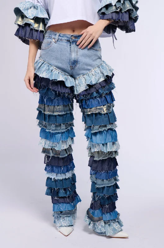 WONDERLAND RUFFLED WIDE LEG DENIM JEAN Chic Women's Clothing for Work and Travel