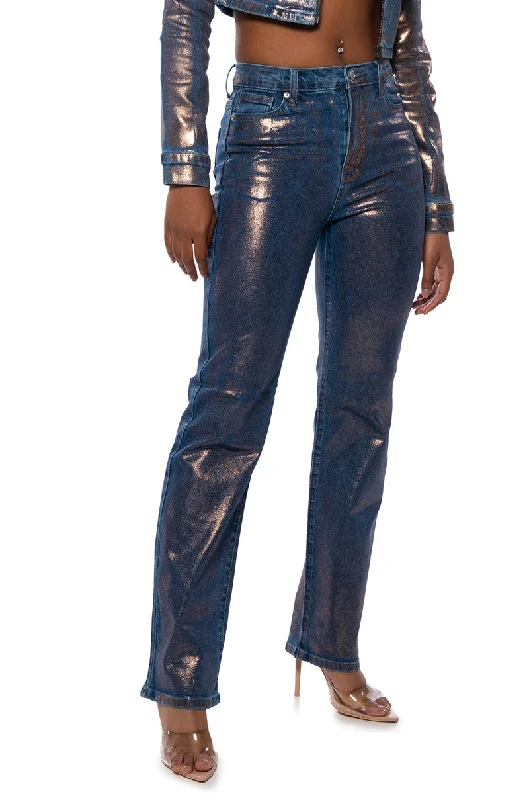 SHOW TIME METALLIC STRAIGHT LEG JEANS Women's Luxury Apparel