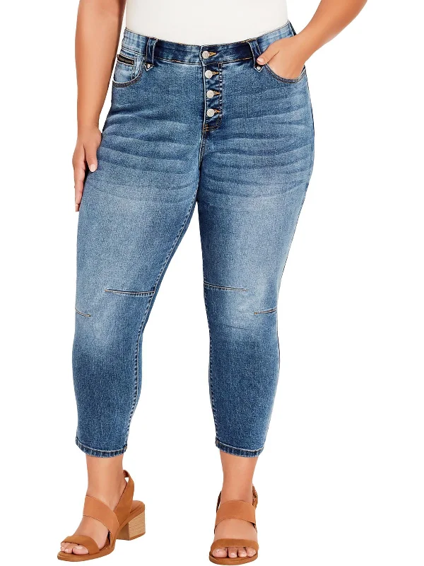 Plus Womens High Rise Medium Wash Cropped Jeans Women's Chic Apparel